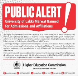 HEC Bans University of Lakki Marwat Banne for Admissions and Affiliations