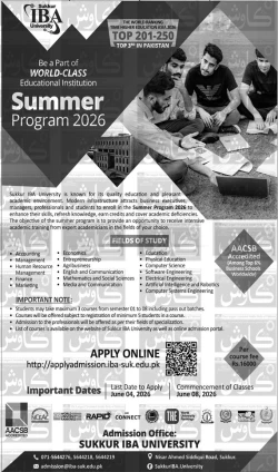 Sukkur IBA University Announces Summer Program 2026 Admissions