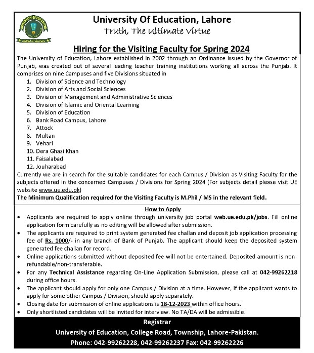 University of Education Visiting Faculty Jobs 2024