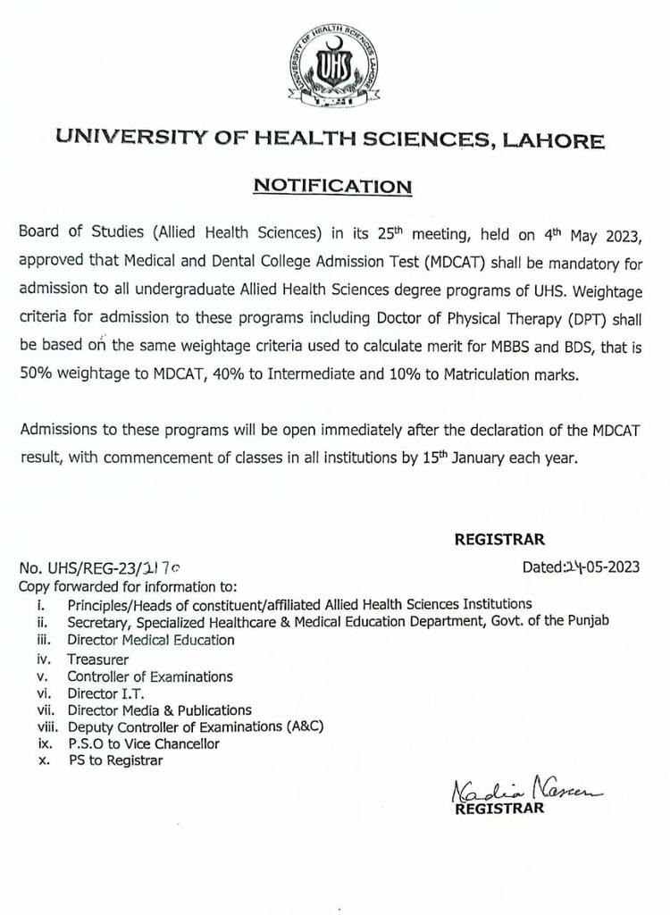 MDCAT is Mandatory for DPT and Allied Health Science Admissions