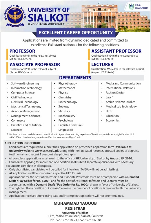 University of Sialkot Teaching Jobs 2020