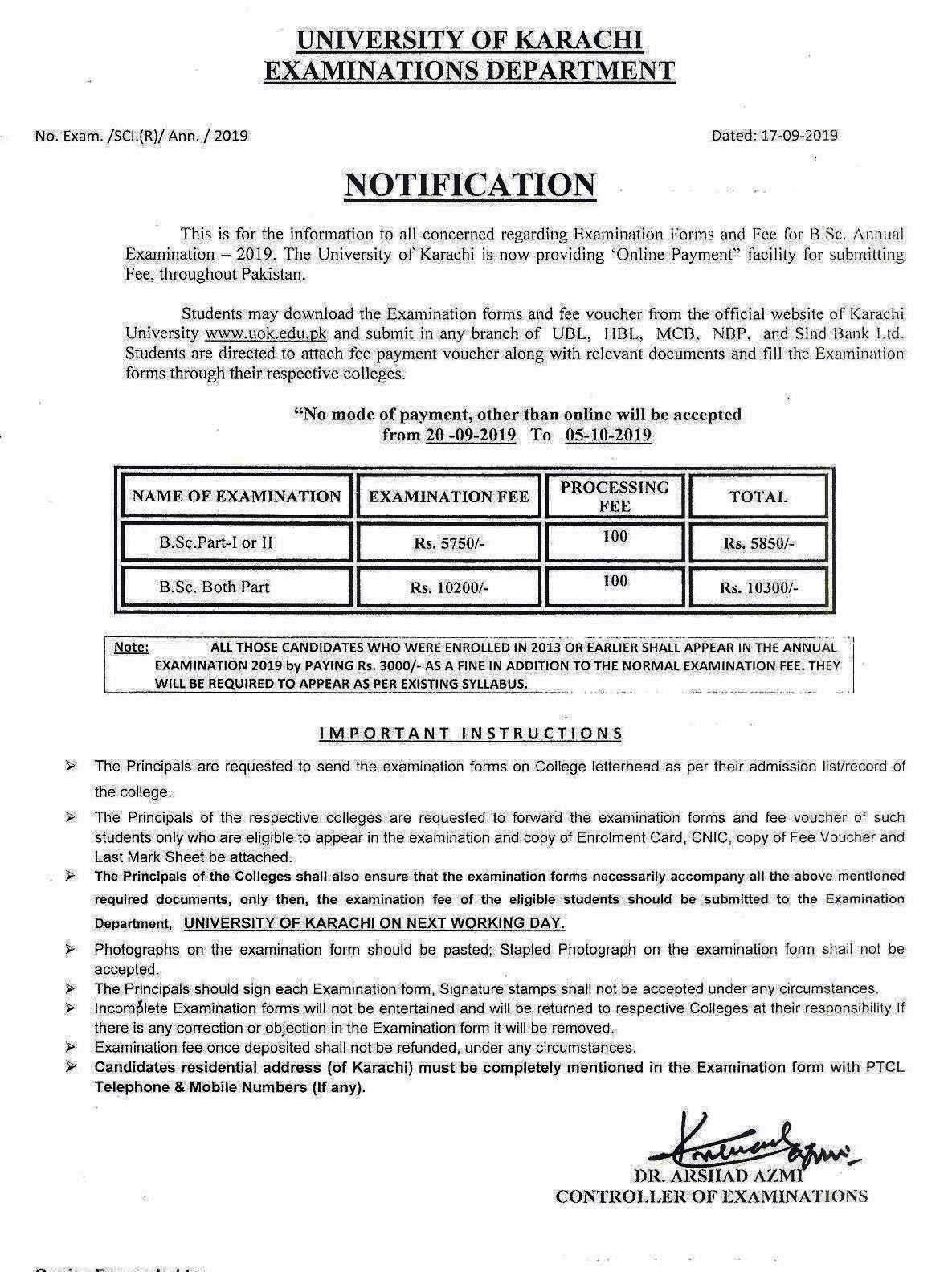 University of Karachi BA BSc online Exams form submission