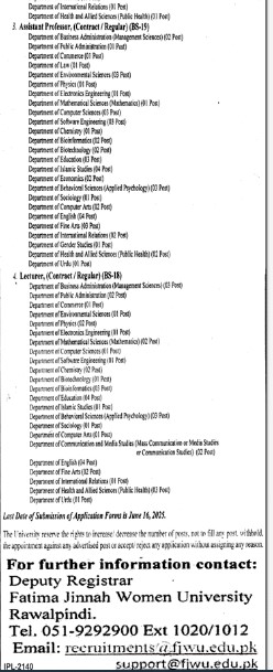 Fatima Jinnah Women University Rawalpindi announces Faculty Jobs 2026
