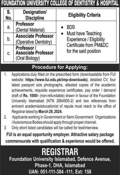 Foundation University Islamabad announces Faculty Jobs 2026