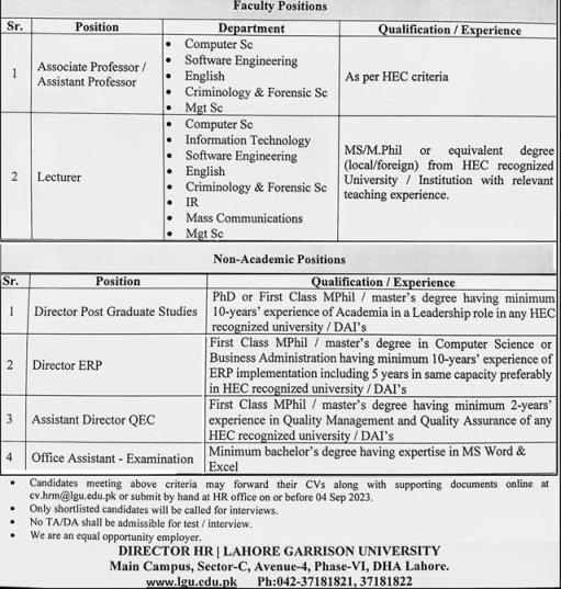 Lahore Garrison University announces Academic & Non Academic Jobs 2024