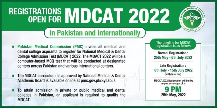 PMC MDCAT 2022 registration and test dates for International Students