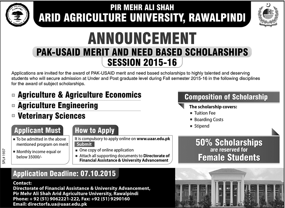 Pmas Arid Agriculture University Rawalpindi Announces Pak-usaid Merit And Need Based Scholarship Program Session