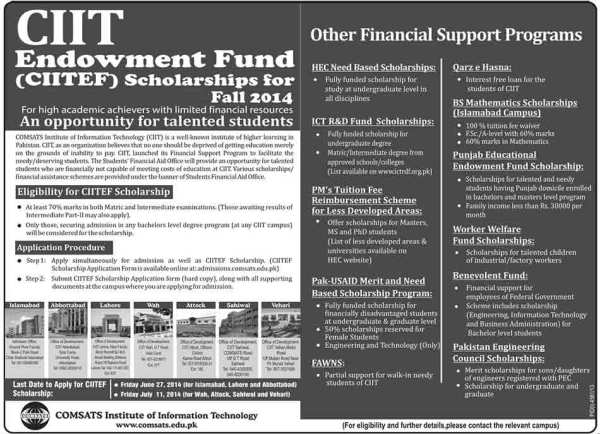 Comsats Announced Ciit Endowment Fund Scholarships 