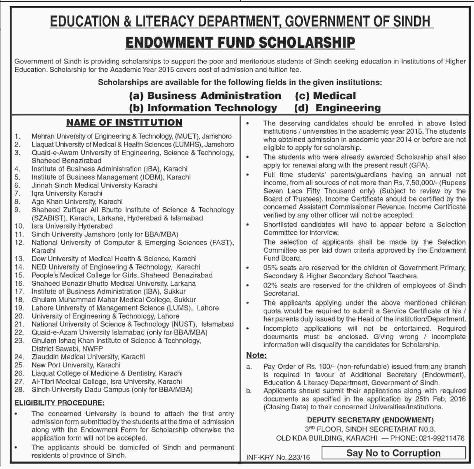 Government Of Sindh Announces Endowment Scholarships
