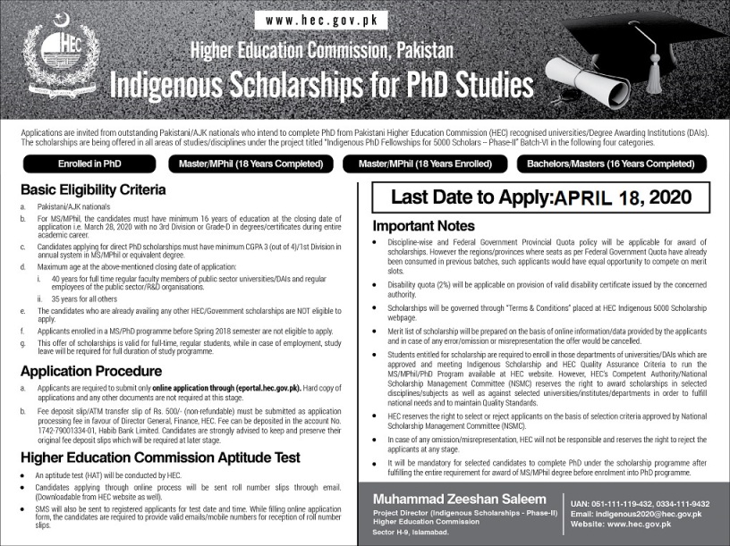 HEC Indigenous Scholarship 2020 for PhD