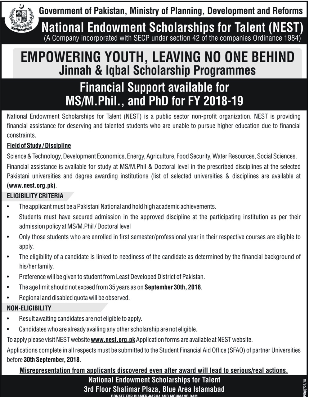 National Endowment Scholarship For Talent Nest Ms Mphil And Phd Program