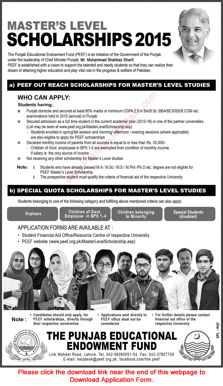 The Punjab Educational Endowment Fund Lahore Offering Master Level Scholarships Programme 2014