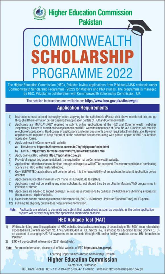 Hec Commonwealth Scholarships For Masters And  Phd In Uk