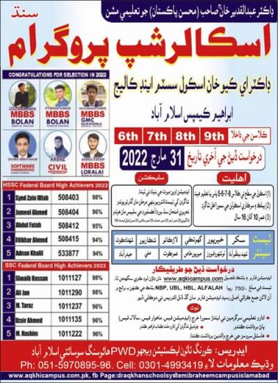 Dr Aq Khan Scholarship For Sindh And Balochistan