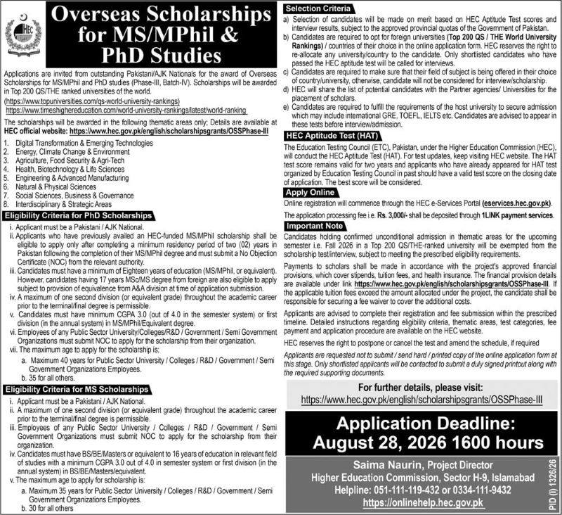 Hec Overseas Scholarship For Ms And Phd