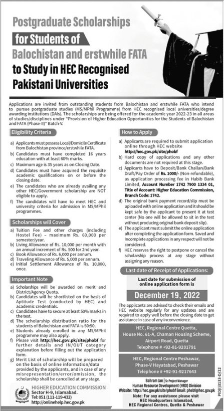Hec Scholarships For Balochistan And Erstwhile Fata