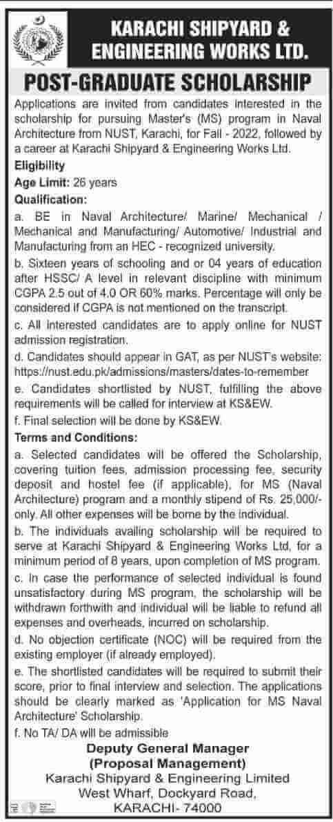 Karachi Shipyard And Engineering Works Scholarship For Masters At Nust