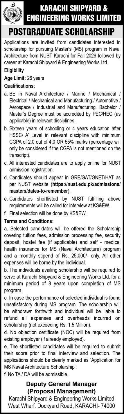 Karachi Shipyard Scholarship 2026 – Fully Funded Ms From Nust