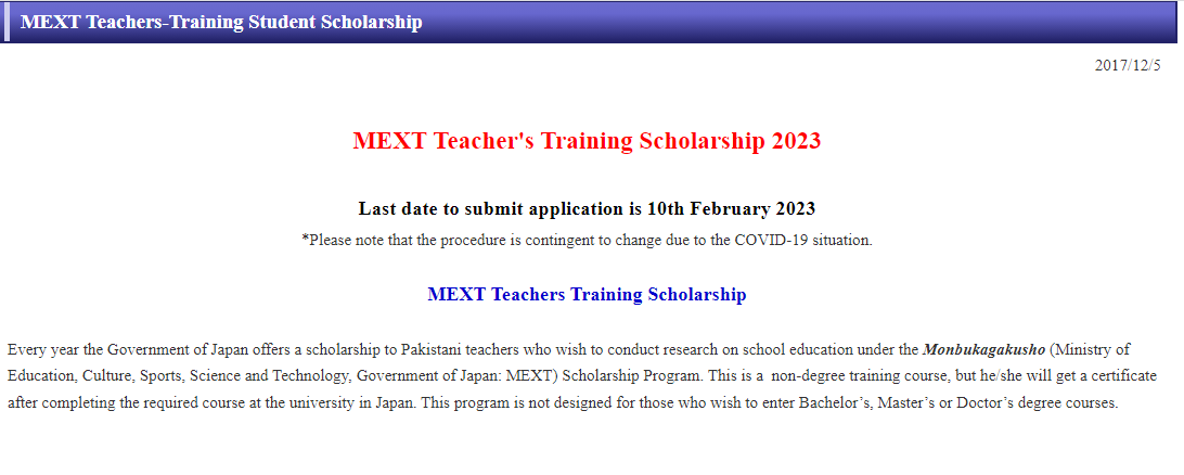 Mext Teachers Training In Japan Scholarship