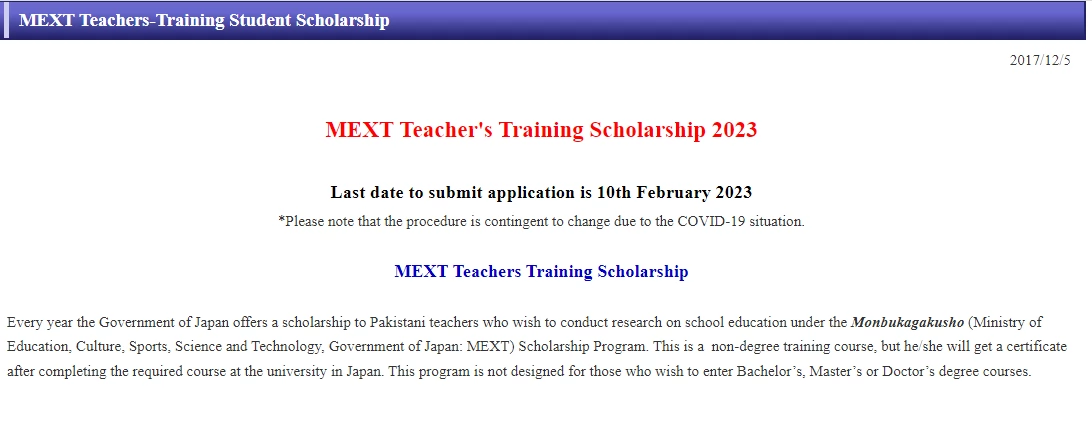 MEXT Teachers Training in Japan Scholarship