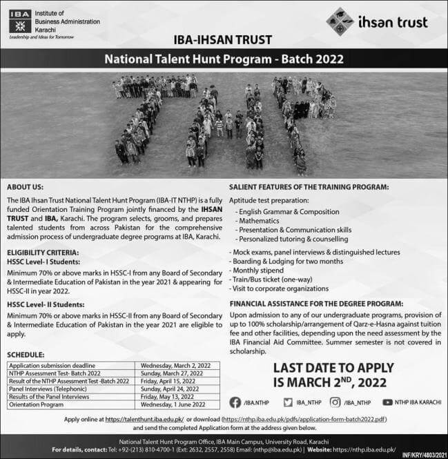Iba Karachi National Talent Hunt Program Scholarship By Ihsan Trust