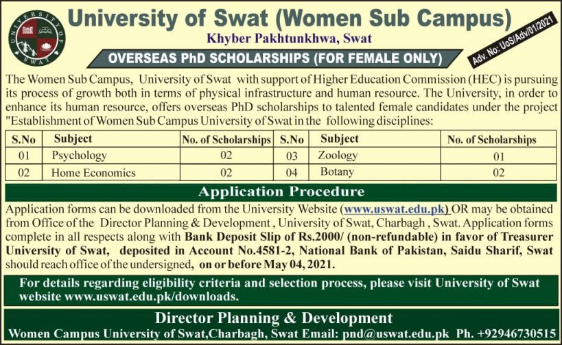 University Of Swat Overseas Phd Scholarship