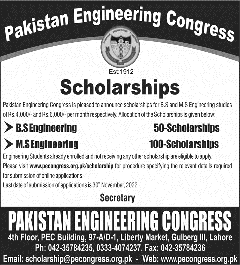 Pakistan Engineering Congress Pec Scholarship