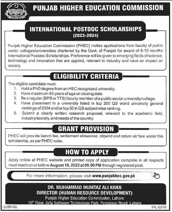 Punjab Hec International Postdoc Scholarship For Teachers
