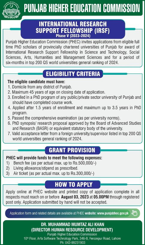Phec Announces Irsf: International Research Support Fellowship