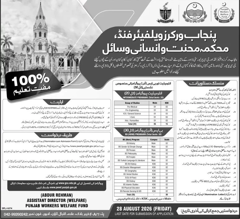 Punjab Workers Welfare Fund Scholarship