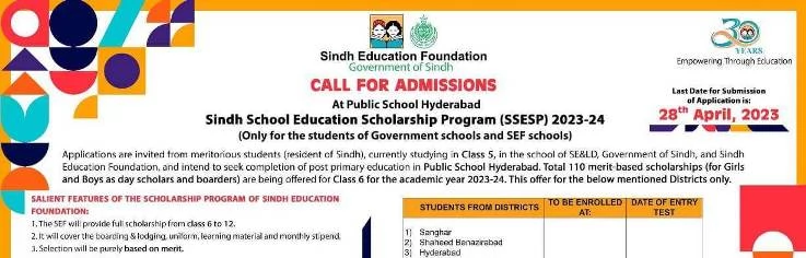 SEF Scholarship for Public School Hyberabad for Class 6-12