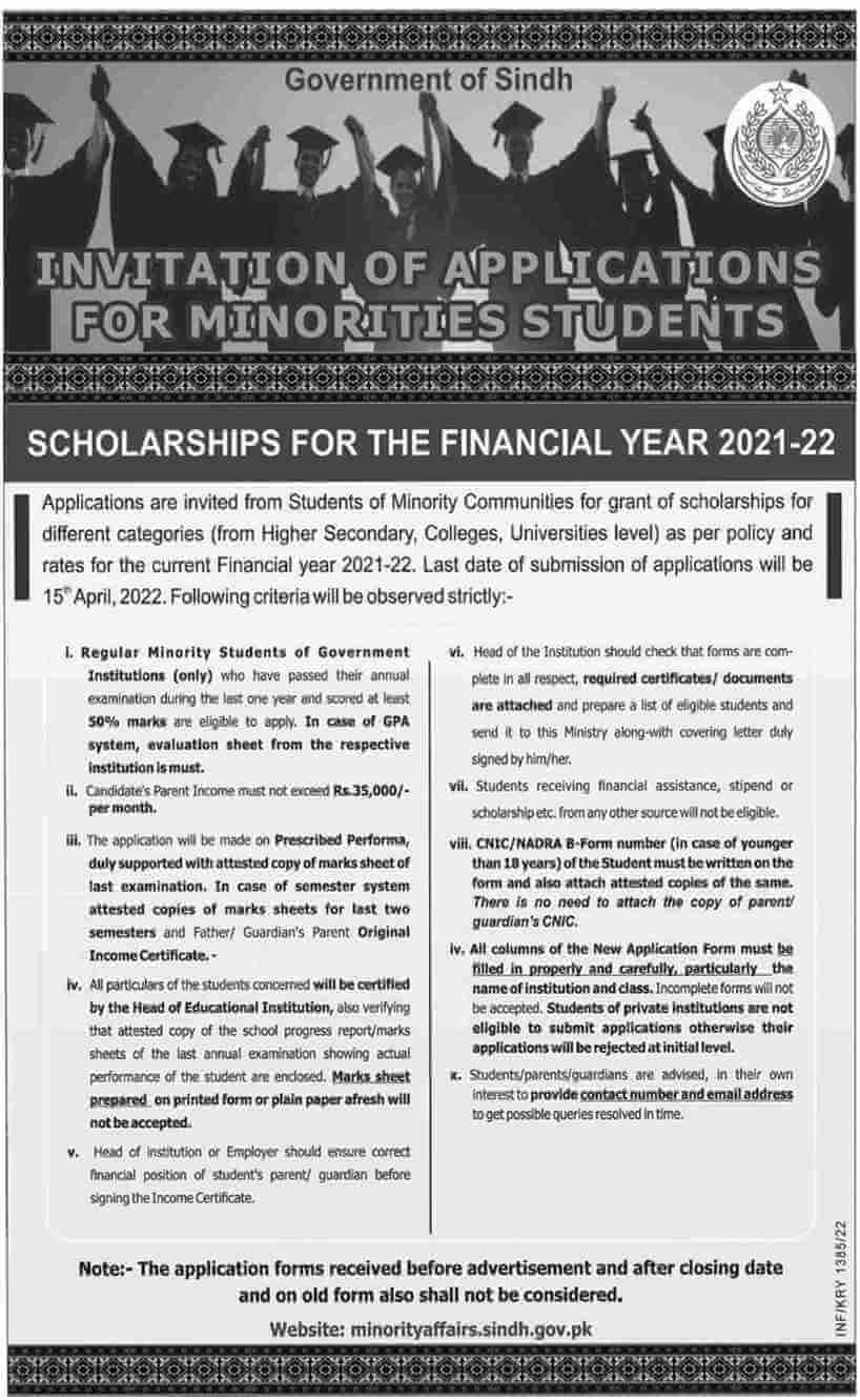 Sindh Government Minority Affairs Scholarship