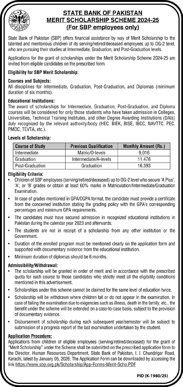 State Bank Sbp Merit Scholarship