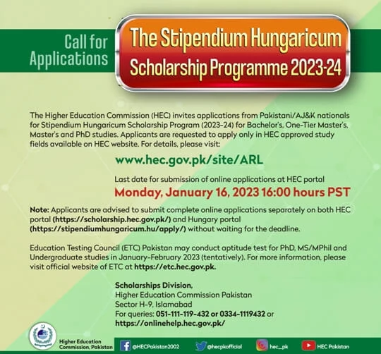 HEC Stipendium Hungaricum Scholarship for BS MS and PhD 2023