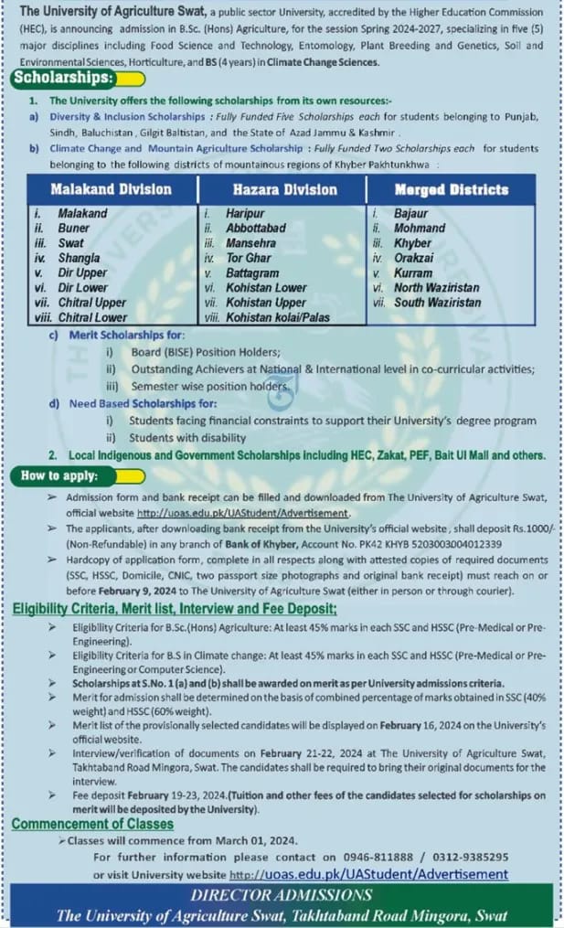Swat Agriculture University Undergraduate Scholarship