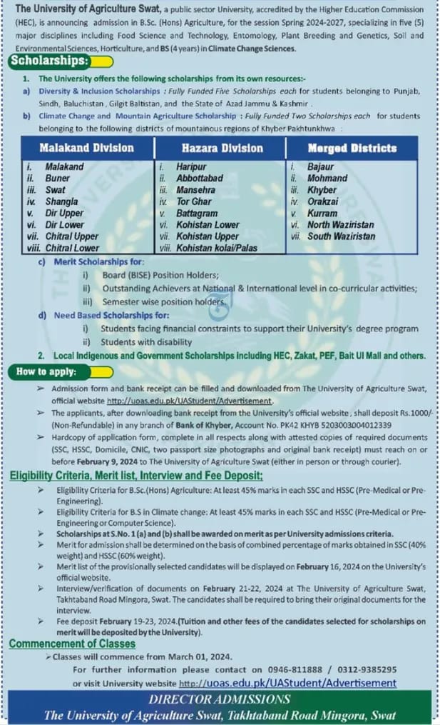 Swat Agriculture University Undergraduate Scholarship