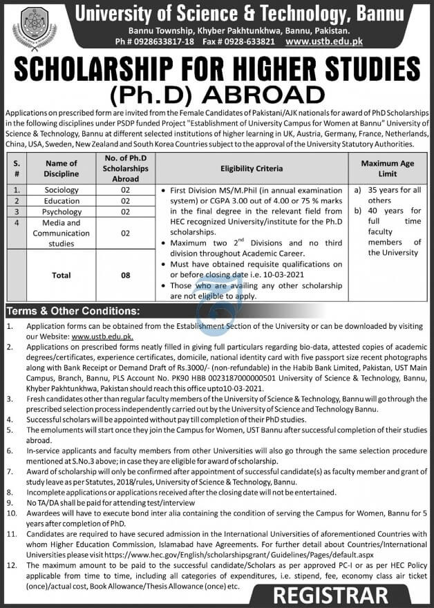 Overseas Phd Scholarships By University Of Science And Technology Ust Bannu